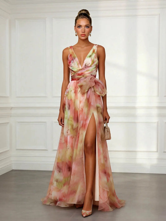 Alba Muse Abstract Print V-Neck Tie-Waist Maxi Dress Multicolour