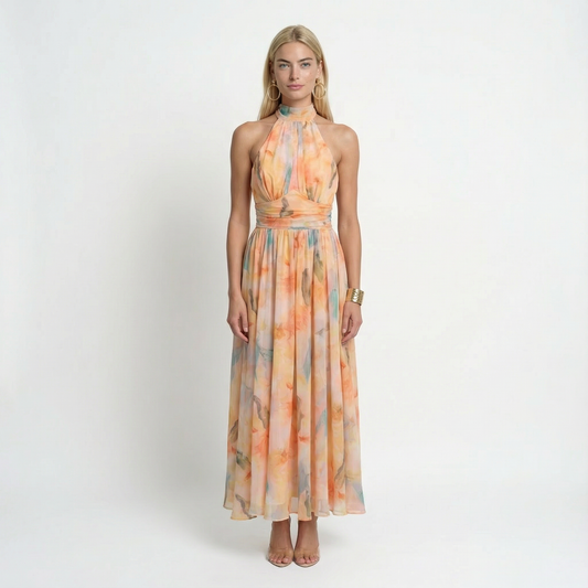Alba Muse Watercolour Print Halter Maxi Dress Open Back