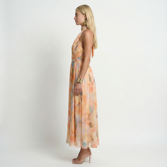 Alba Muse Watercolour Print Halter Maxi Dress Open Back
