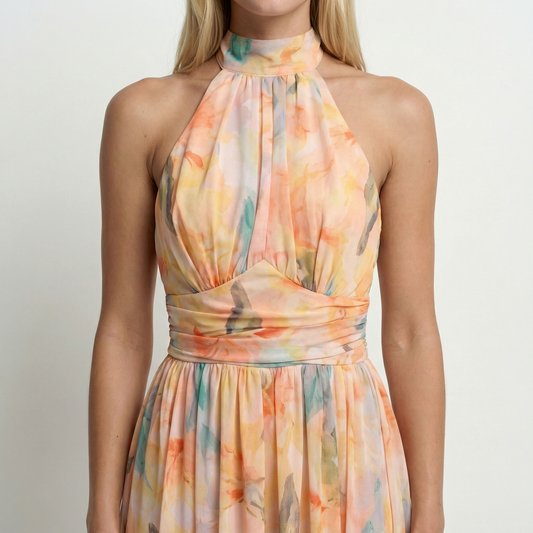 Alba Muse Watercolour Print Halter Maxi Dress Open Back