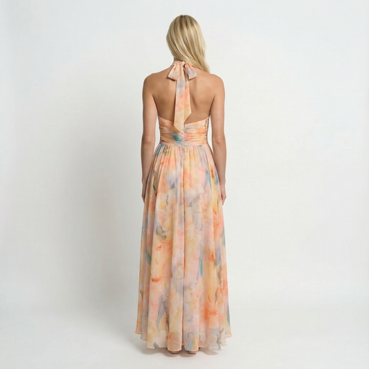 Alba Muse Watercolour Print Halter Maxi Dress Open Back