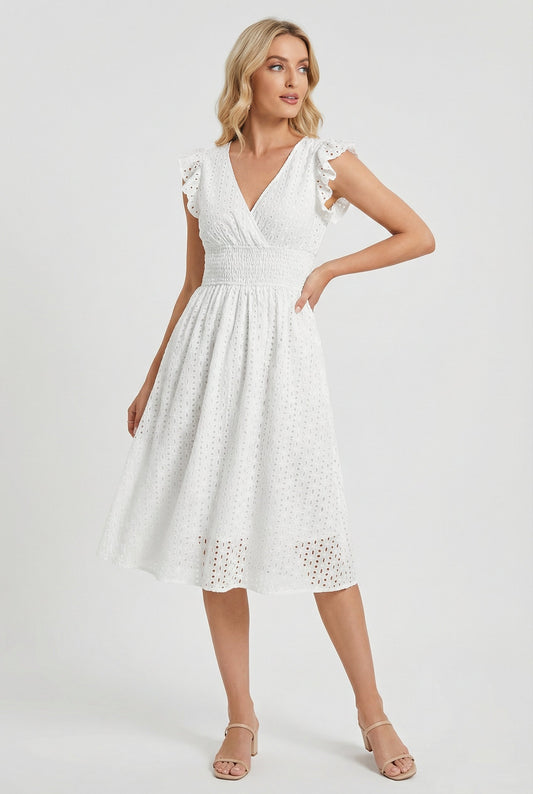 A-Line Eyelet Summer Dress Smocked Waist V-Neck