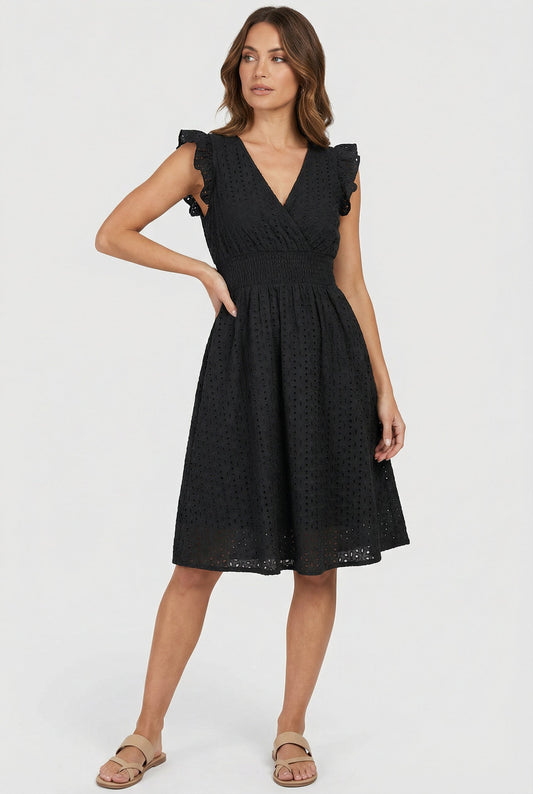 Alba Muse A-Line Eyelet Summer Dress Smocked Waist V-Neck