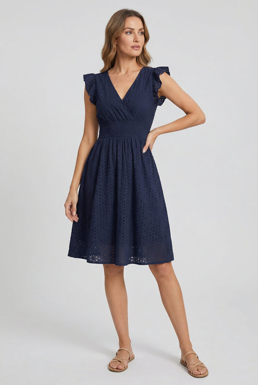 Alba Muse A-Line Eyelet Summer Dress Smocked Waist V-Neck