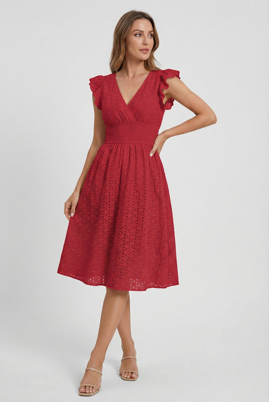 Alba Muse A-Line Eyelet Summer Dress Smocked Waist V-Neck
