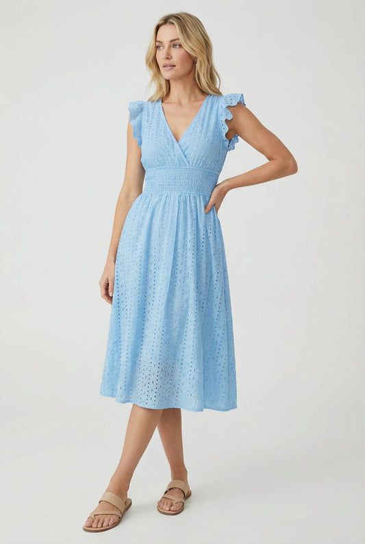Alba Muse A-Line Eyelet Summer Dress Smocked Waist V-Neck