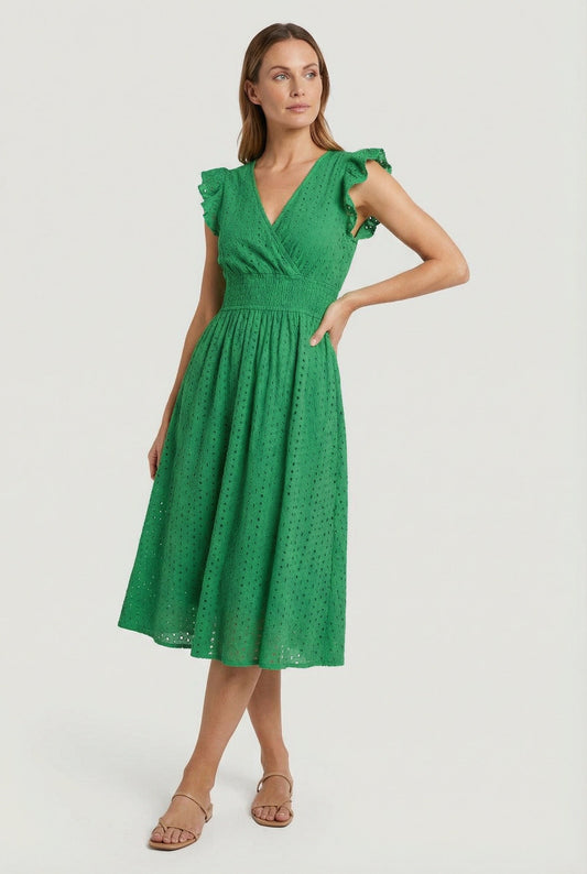 Alba Muse A-Line Eyelet Summer Dress Smocked Waist V-Neck
