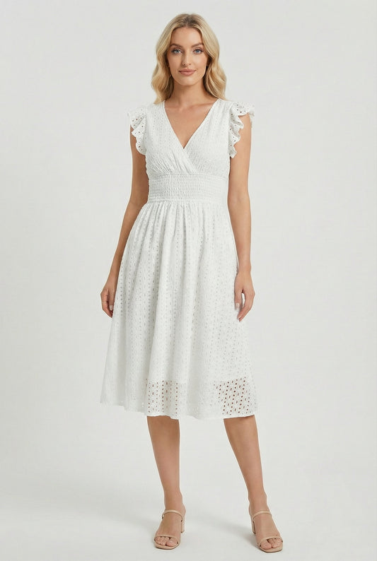 A-Line Eyelet Summer Dress Smocked Waist V-Neck