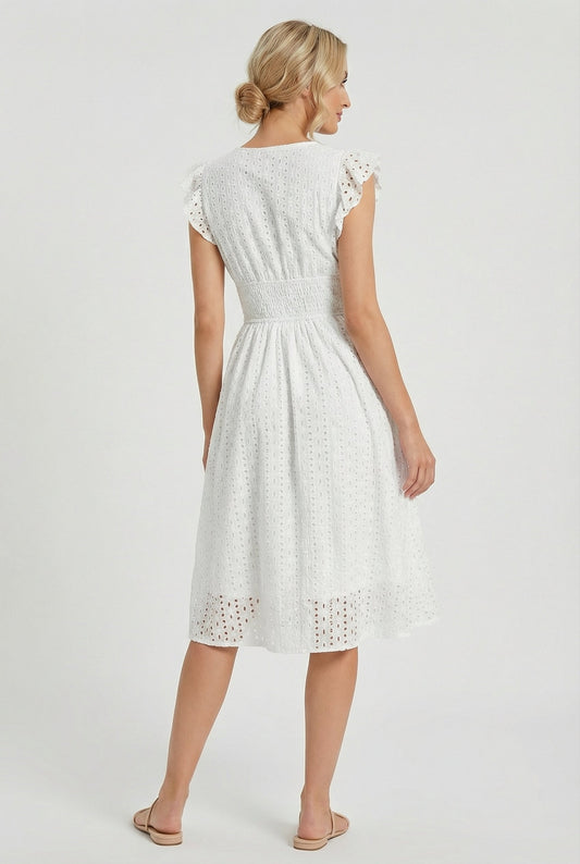 Alba Muse A-Line Eyelet Summer Dress Smocked Waist V-Neck