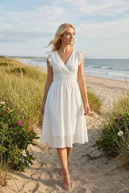 Alba Muse A-Line Eyelet Summer Dress Smocked Waist V-Neck