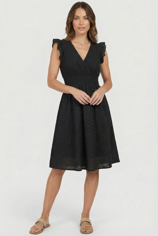 Alba Muse A-Line Eyelet Summer Dress Smocked Waist V-Neck