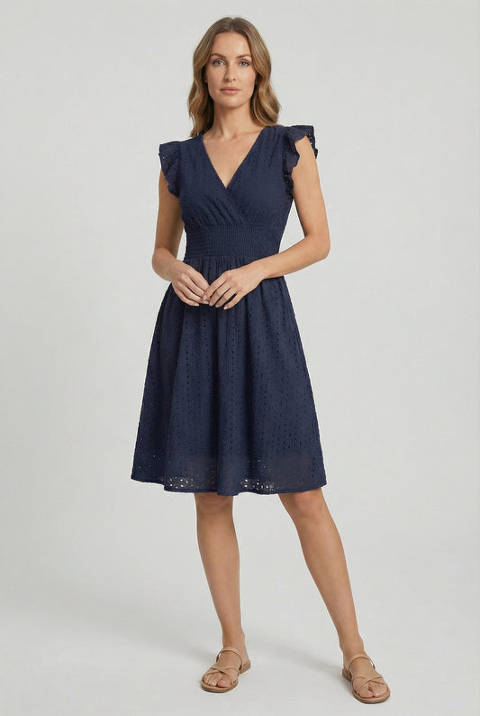 Alba Muse A-Line Eyelet Summer Dress Smocked Waist V-Neck