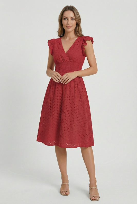 Alba Muse A-Line Eyelet Summer Dress Smocked Waist V-Neck