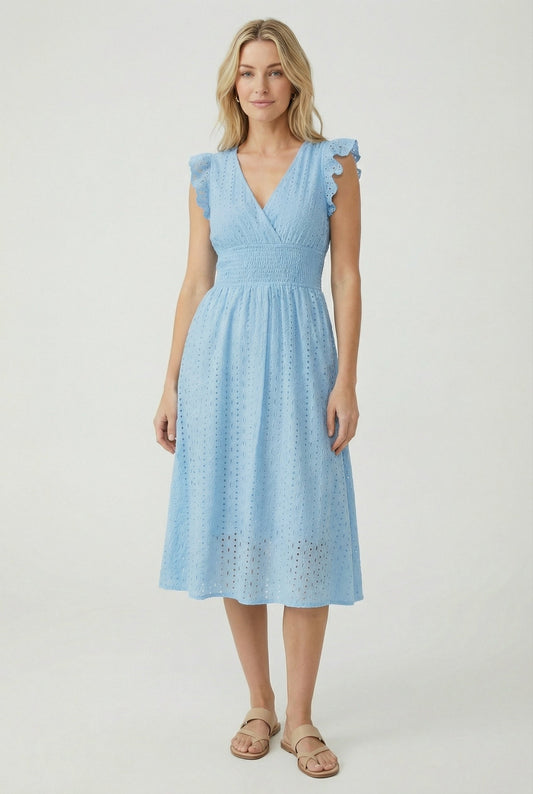 Alba Muse A-Line Eyelet Summer Dress Smocked Waist V-Neck