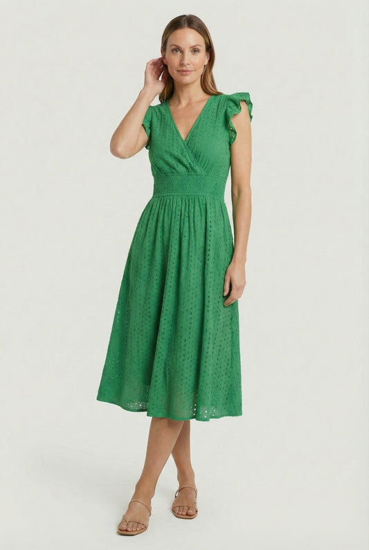 Alba Muse A-Line Eyelet Summer Dress Smocked Waist V-Neck