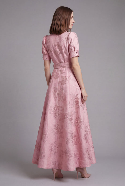 Alba Muse Belted Puff Sleeve Maxi Dress Textured Floral Pink