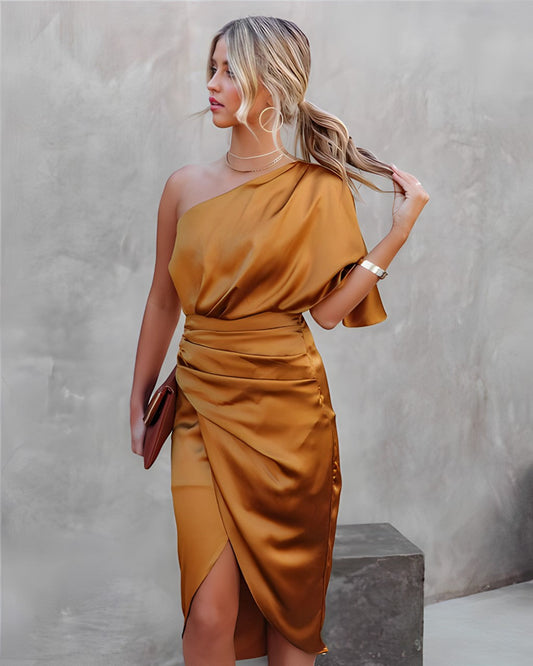 Alba Muse One Shoulder Wrap Satin Midi Dress