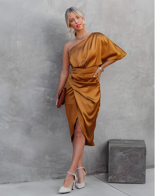 Alba Muse One Shoulder Wrap Satin Midi Dress