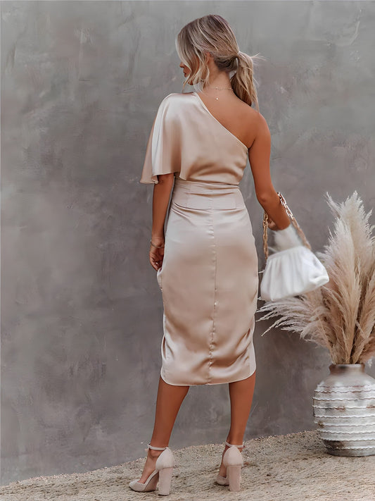 Alba Muse One Shoulder Wrap Satin Midi Dress