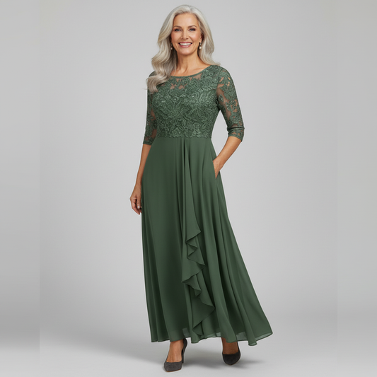 Alba Muse Lace Bodice Midi Dress Three-Quarter Sleeve Asymmetric Hem