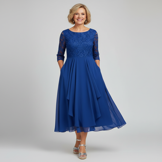 Alba Muse Lace Bodice Midi Dress Three-Quarter Sleeve Asymmetric Hem