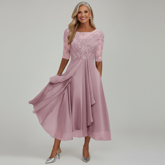 Alba Muse Lace Bodice Midi Dress Three-Quarter Sleeve Asymmetric Hem