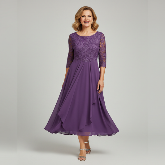 Alba Muse Lace Bodice Midi Dress Three-Quarter Sleeve Asymmetric Hem