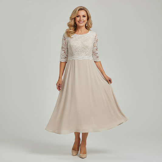 Alba Muse Lace Bodice Midi Dress Three-Quarter Sleeve Asymmetric Hem