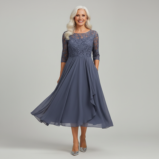Alba Muse Lace Bodice Midi Dress Three-Quarter Sleeve Asymmetric Hem