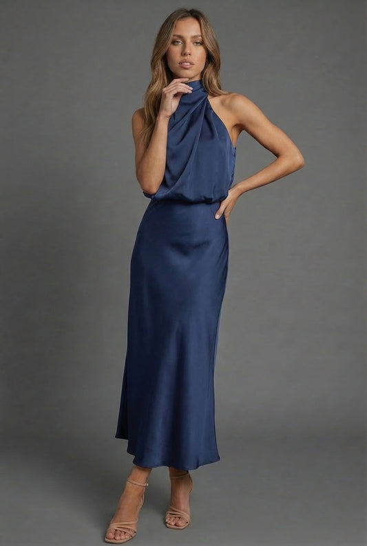 Alba Muse Halterneck Satin Midi Dress Wedding Guest Formal