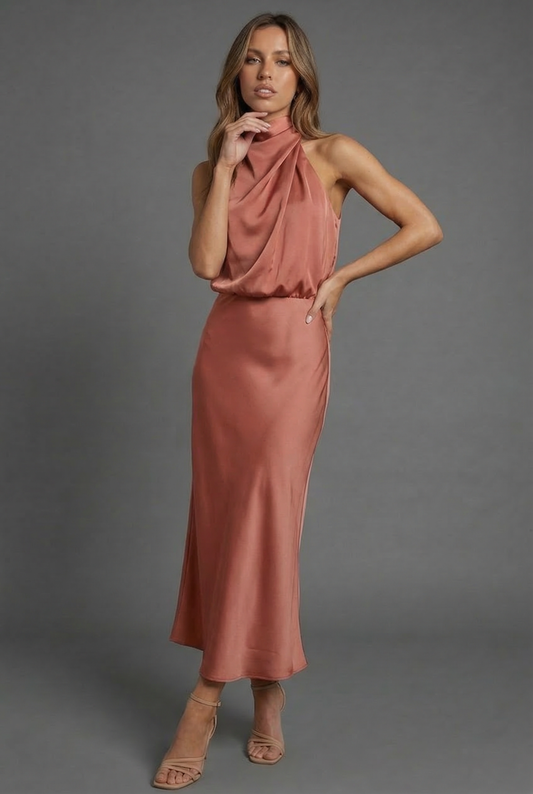 Alba Muse Halterneck Satin Midi Dress Wedding Guest Formal