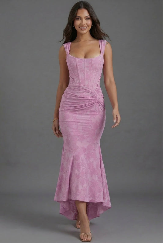 Alba Muse Corset Maxi Dress Ruched Wedding Guest Pink