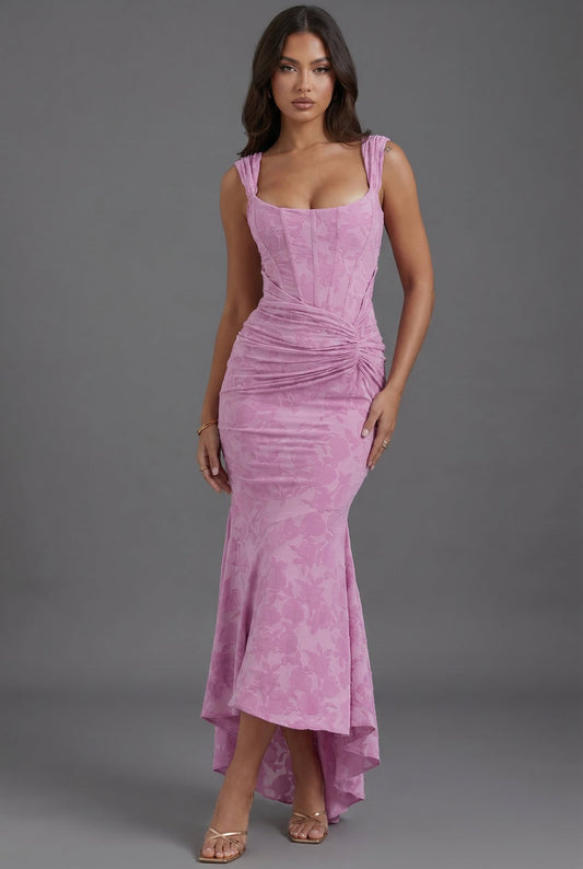 Alba Muse Corset Maxi Dress Ruched Wedding Guest Pink
