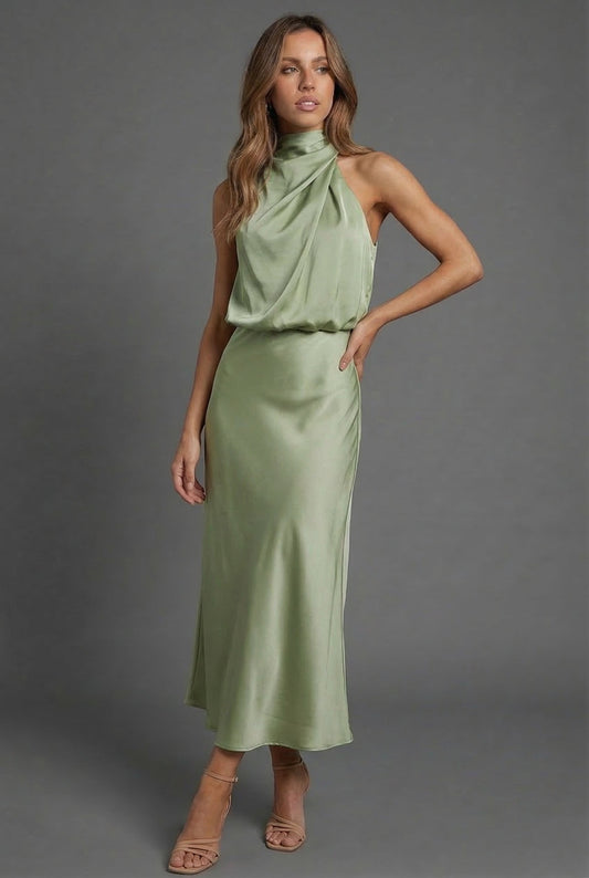 Alba Muse Halterneck Satin Midi Dress Wedding Guest Formal