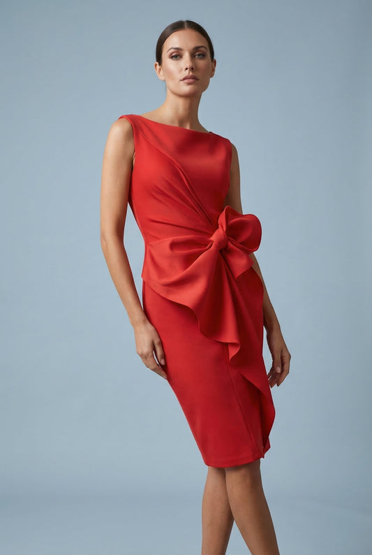 Alba Muse Bow Waist Pencil Cocktail Dress Sleeveless Side Split