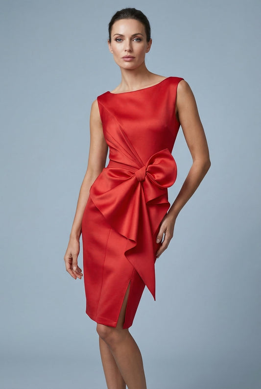 Alba Muse Bow Waist Pencil Cocktail Dress Sleeveless Side Split