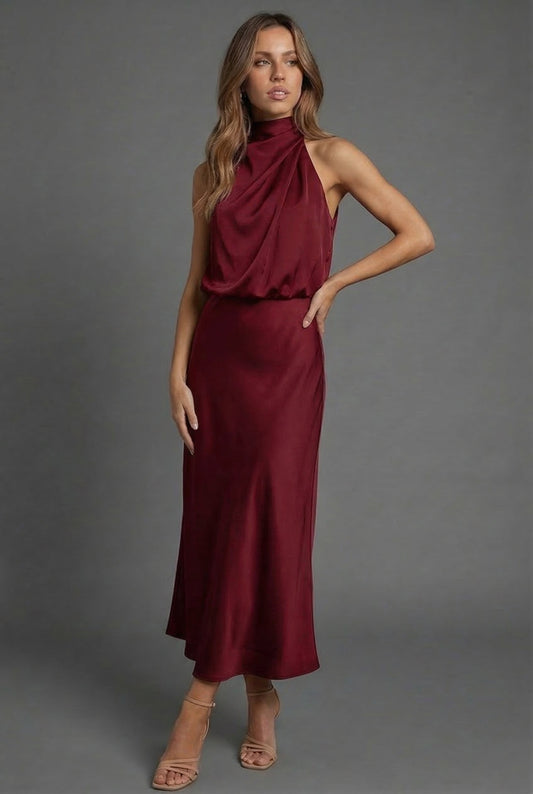 Alba Muse Halterneck Satin Midi Dress Wedding Guest Formal