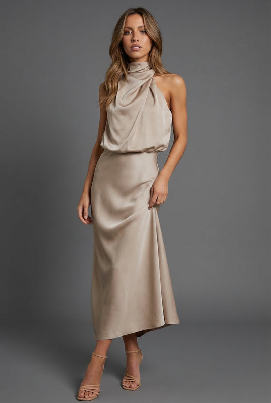 Alba Muse Halterneck Satin Midi Dress Wedding Guest Formal