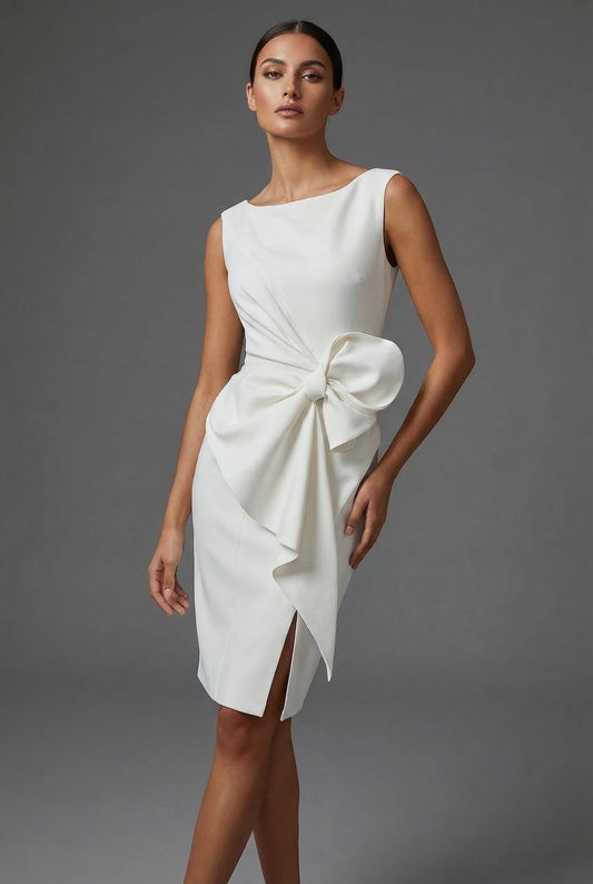 Alba Muse Bow Waist Pencil Cocktail Dress Sleeveless Side Split