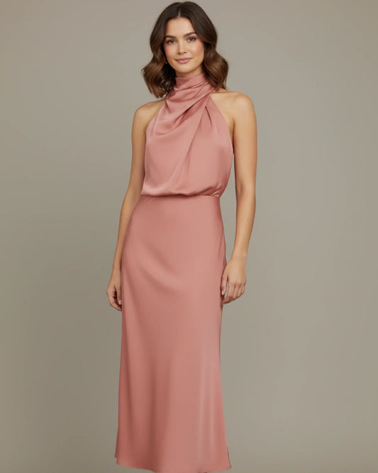 Alba Muse Halter Cowl Neck Slip Midi Dress Wedding Guest