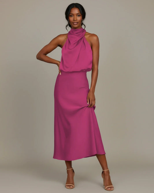 Alba Muse Halter Cowl Neck Slip Midi Dress Wedding Guest