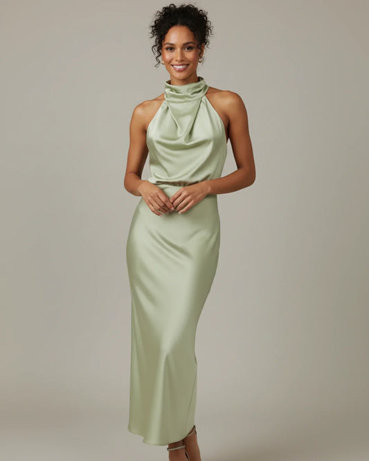 Alba Muse Halter Cowl Neck Slip Midi Dress Wedding Guest