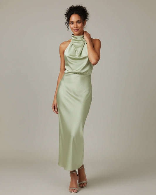 Alba Muse Halter Cowl Neck Slip Midi Dress Wedding Guest