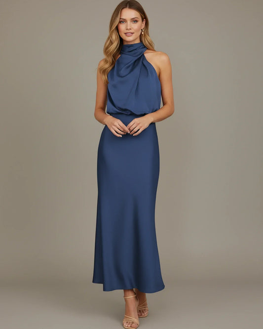 Alba Muse Halter Cowl Neck Slip Midi Dress Wedding Guest