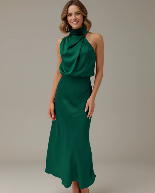 Alba Muse Halter Cowl Neck Slip Midi Dress Wedding Guest