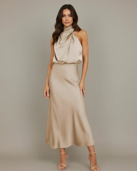 Alba Muse Halter Cowl Neck Slip Midi Dress Wedding Guest