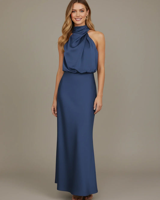 Alba Muse Halter Cowl Neck Slip Midi Dress Wedding Guest