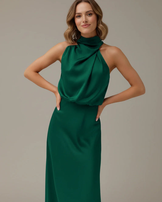 Alba Muse Halter Cowl Neck Slip Midi Dress Wedding Guest