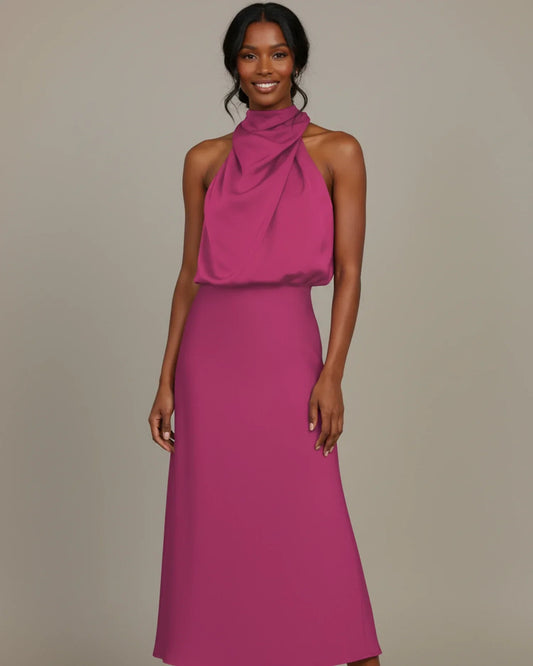 Alba Muse Halter Cowl Neck Slip Midi Dress Wedding Guest