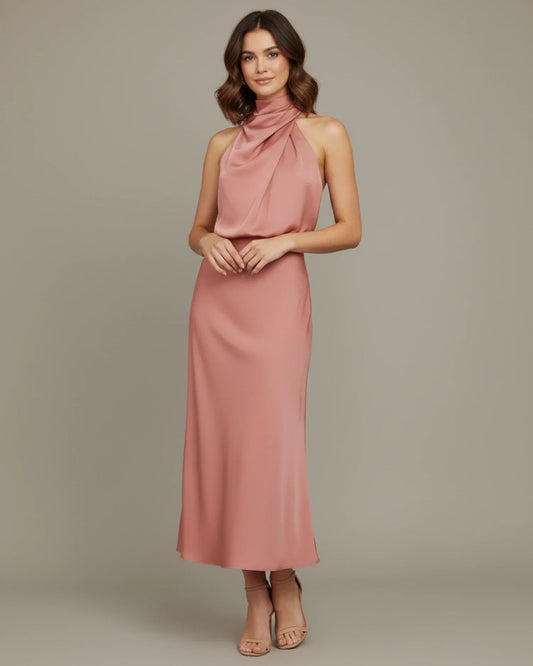 Alba Muse Halter Cowl Neck Slip Midi Dress Wedding Guest
